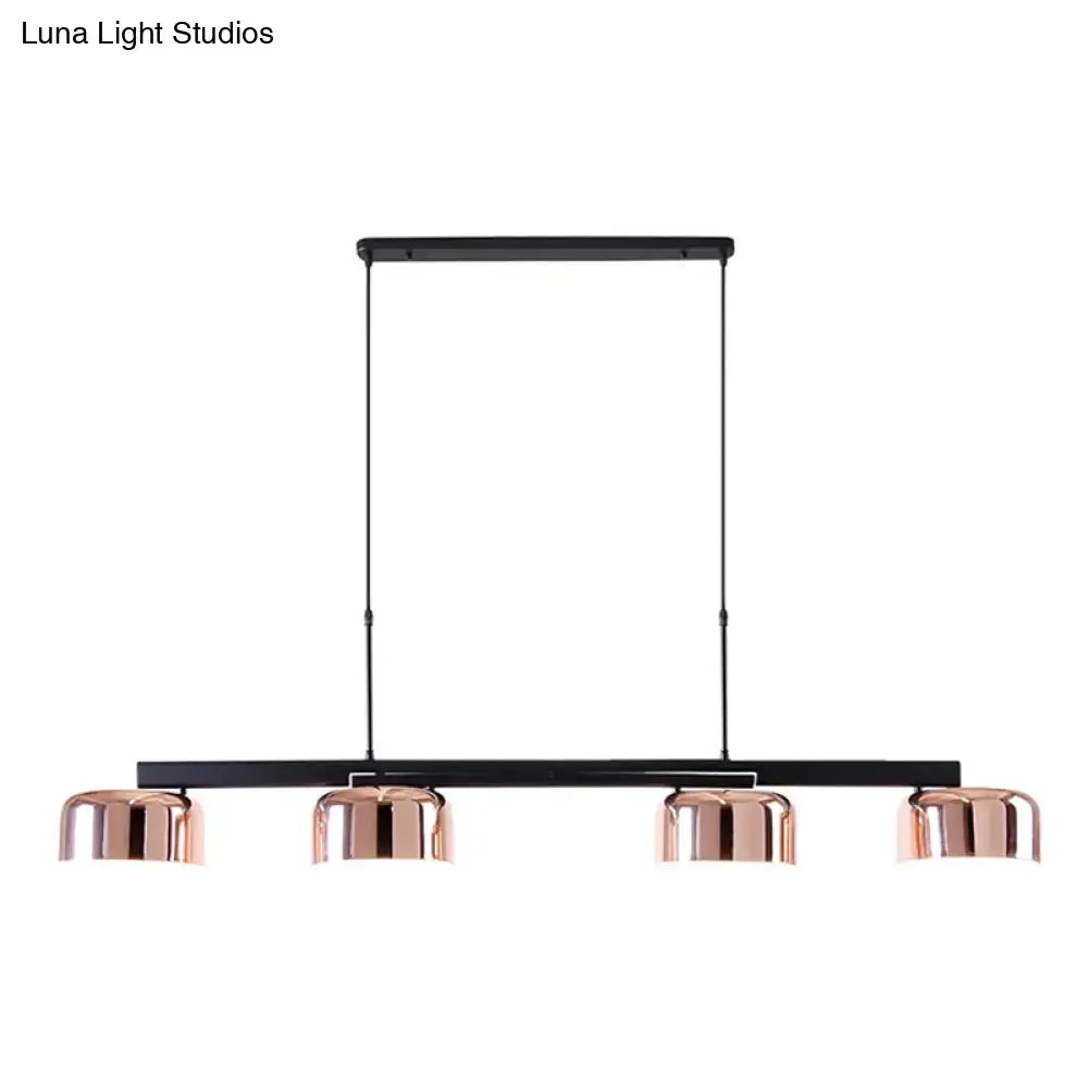 Modern black rose gold diner island lamp with copper finish black metal frame and four bowl-shaped pendant lights