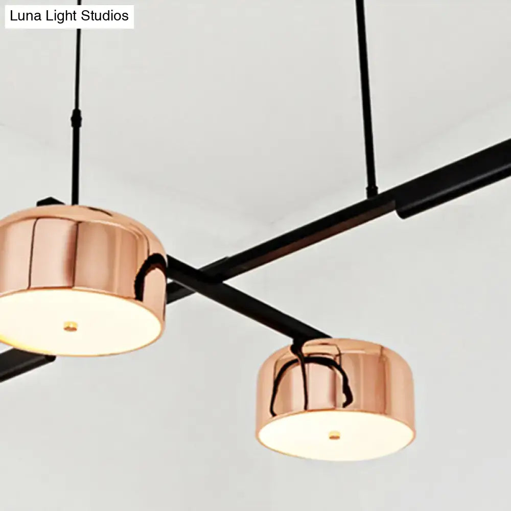 Decorbites™ linear modernist island pendant light with 4 copper-finished drum shades in rose gold and black arms suitable for led incandescent fluorescent 110v-120v 220v-240v use