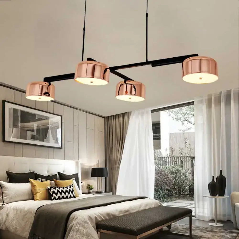 Decorbites linear modernist island pendant light with rose gold copper finish black metal frame and four drum shades compatible with 220v-240v 110v-120v led incandescent fluorescent bulbs
