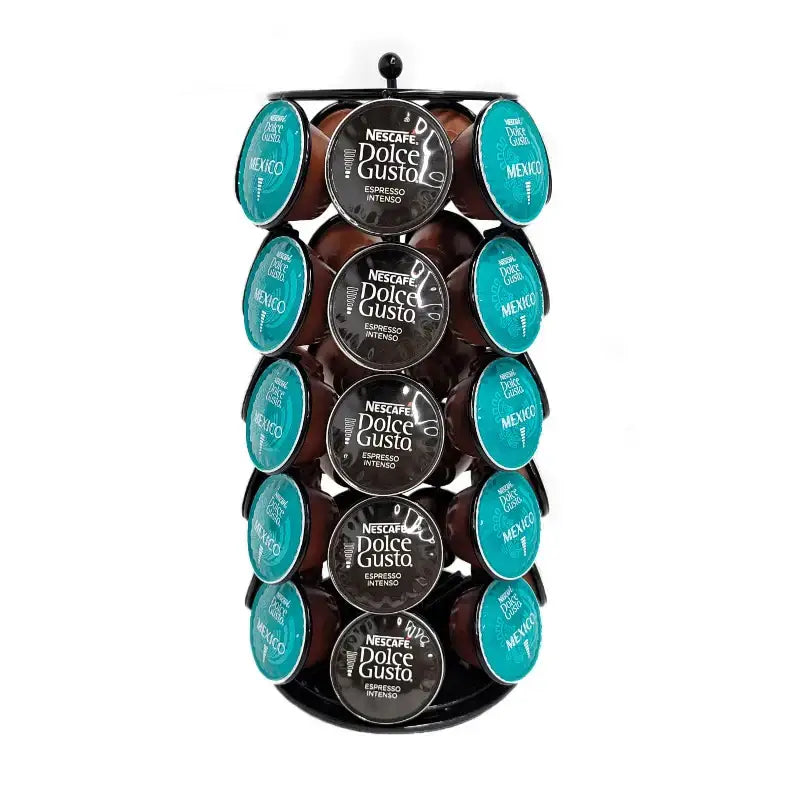 Modern black metal rotatable capsule rack displaying teal and dark brown dolce gusto espresso intenso capsules for kitchen storage decorbites dolce gusto