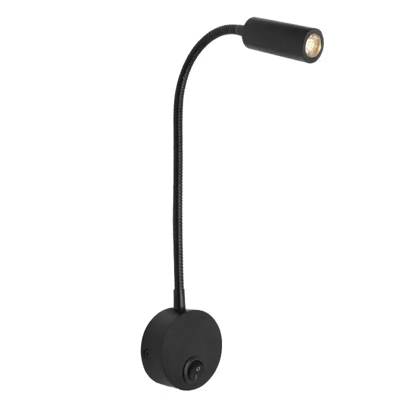 Modern black led wall lamp with rotatable gooseneck arm and circular base for bedroom spotlight use