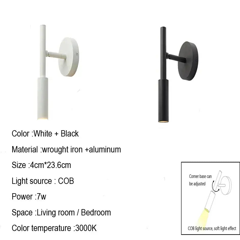 Modern black rotatable led wall lamp in white and black wrought iron and aluminum with sleek cylindrical design