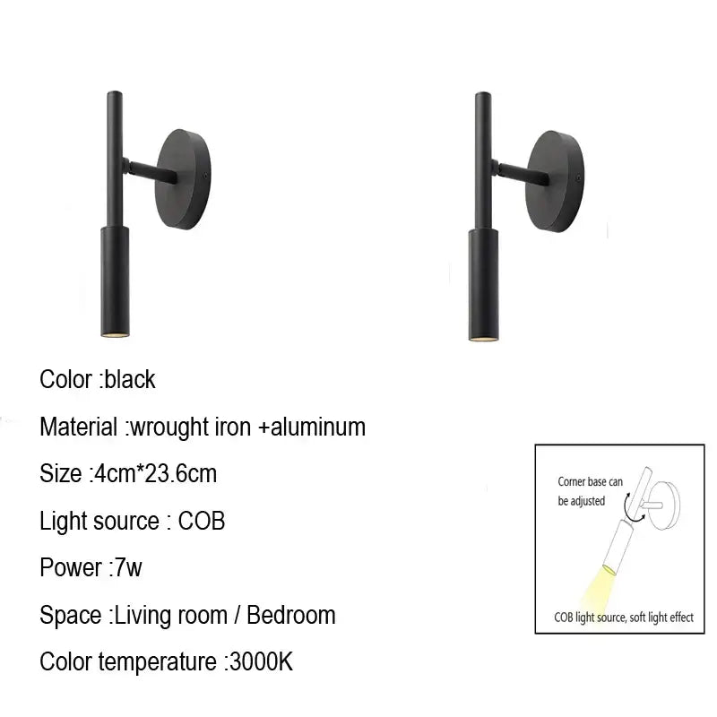 Modern black rotatable led wall lamp made of wrought iron and aluminum with a sleek cylindrical design for bedroom use