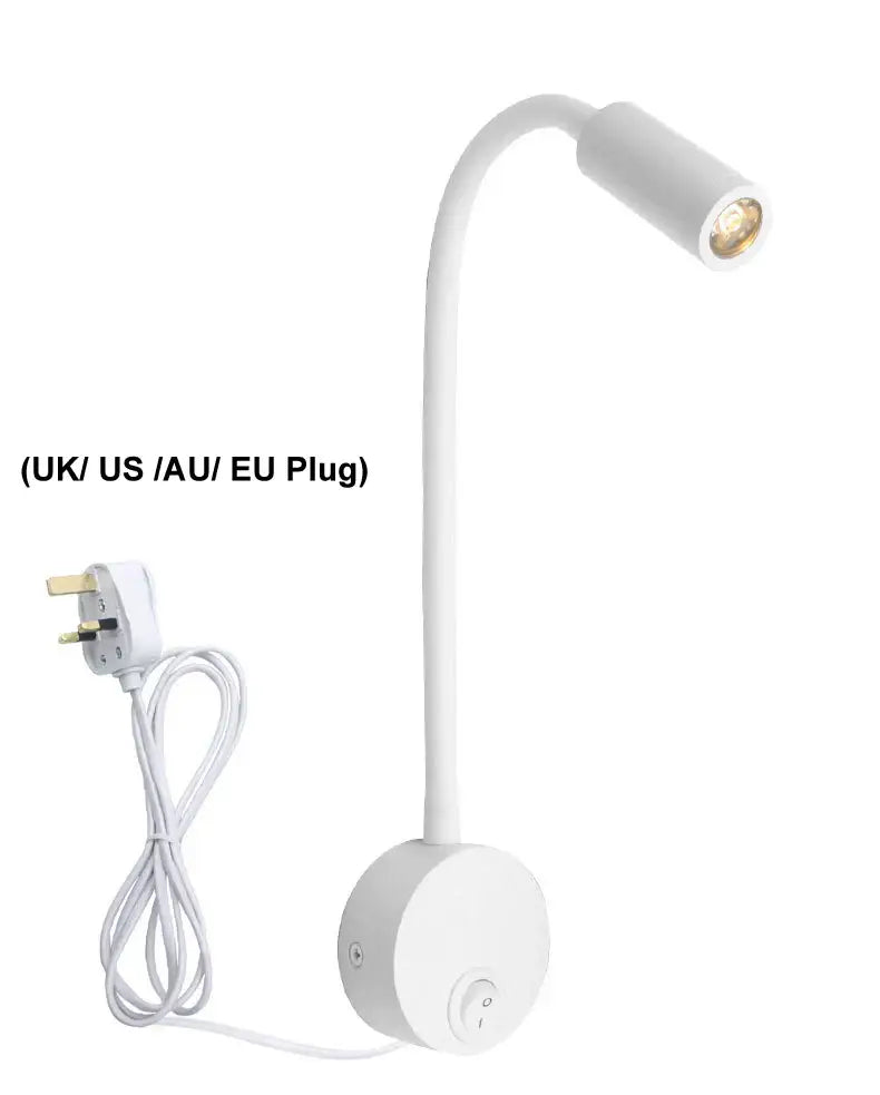 White flexible gooseneck desk lamp with circular base and adjustable head complementing modern led wall lamp designs