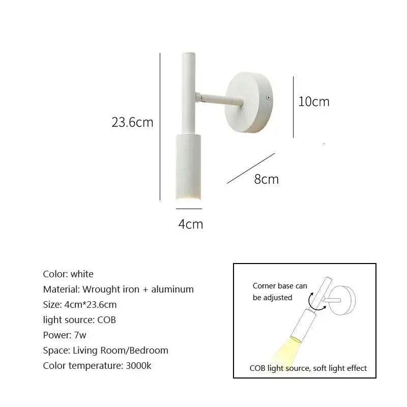Modern black rotatable led wall lamp with sleek white wrought iron and aluminum sconce for bedroom spotlight use
