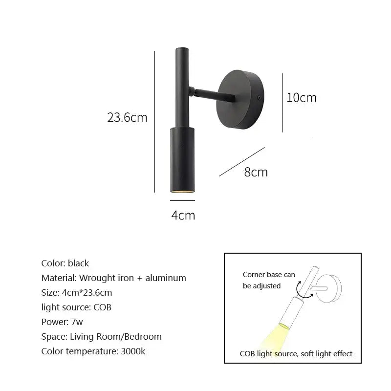 Modern black rotatable led wall lamp made of wrought iron and aluminum with sleek cylindrical design for bedroom spotlight