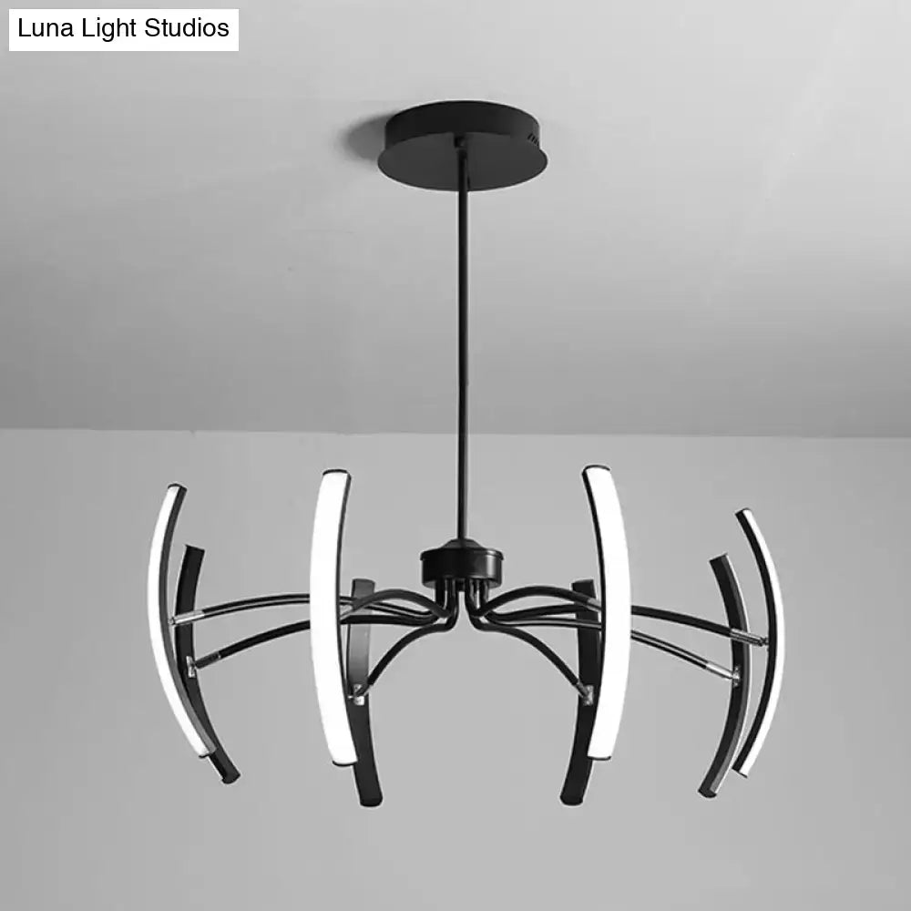 Modern black rotating stick led chandelier featuring curved illuminated led arms for dining room lighting
