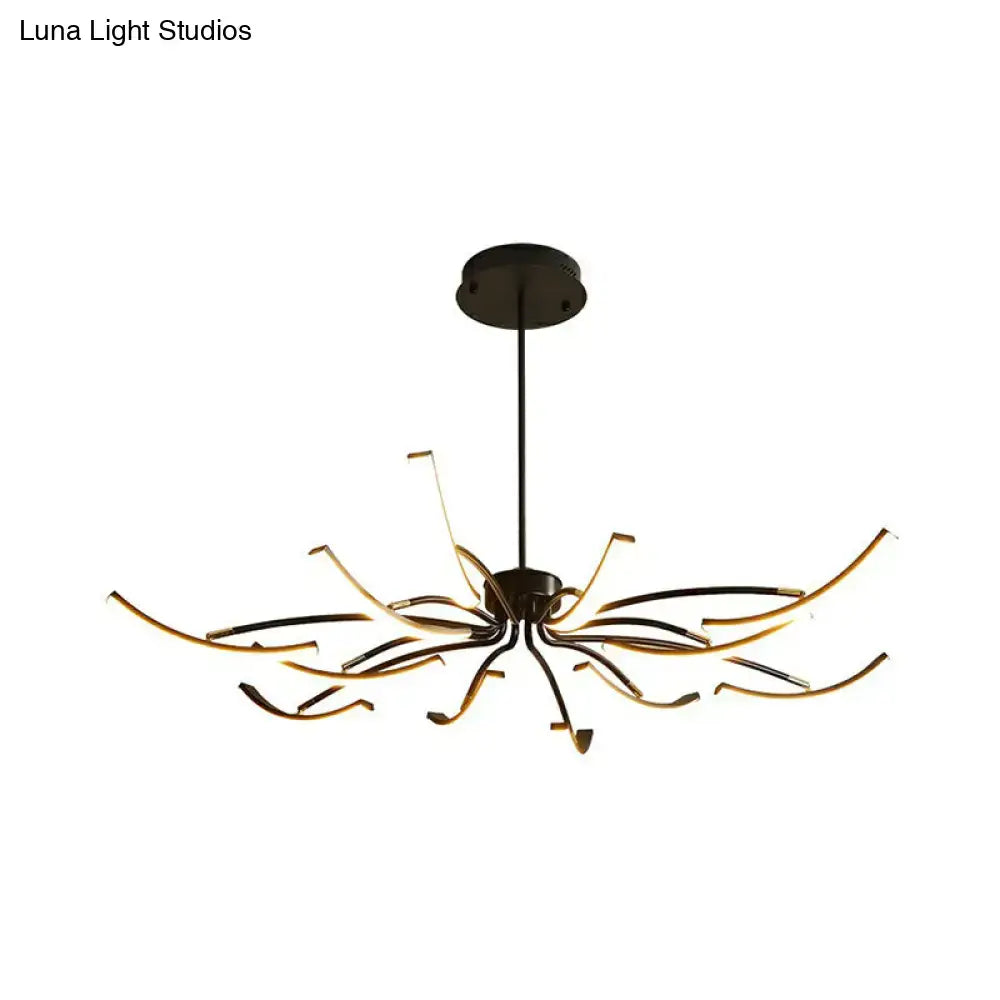 Modern black and gold rotating stick led chandelier with slender curved arms for dining room illumination