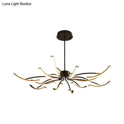 Modern black and gold rotating stick led chandelier with slender curved arms for dining room illumination