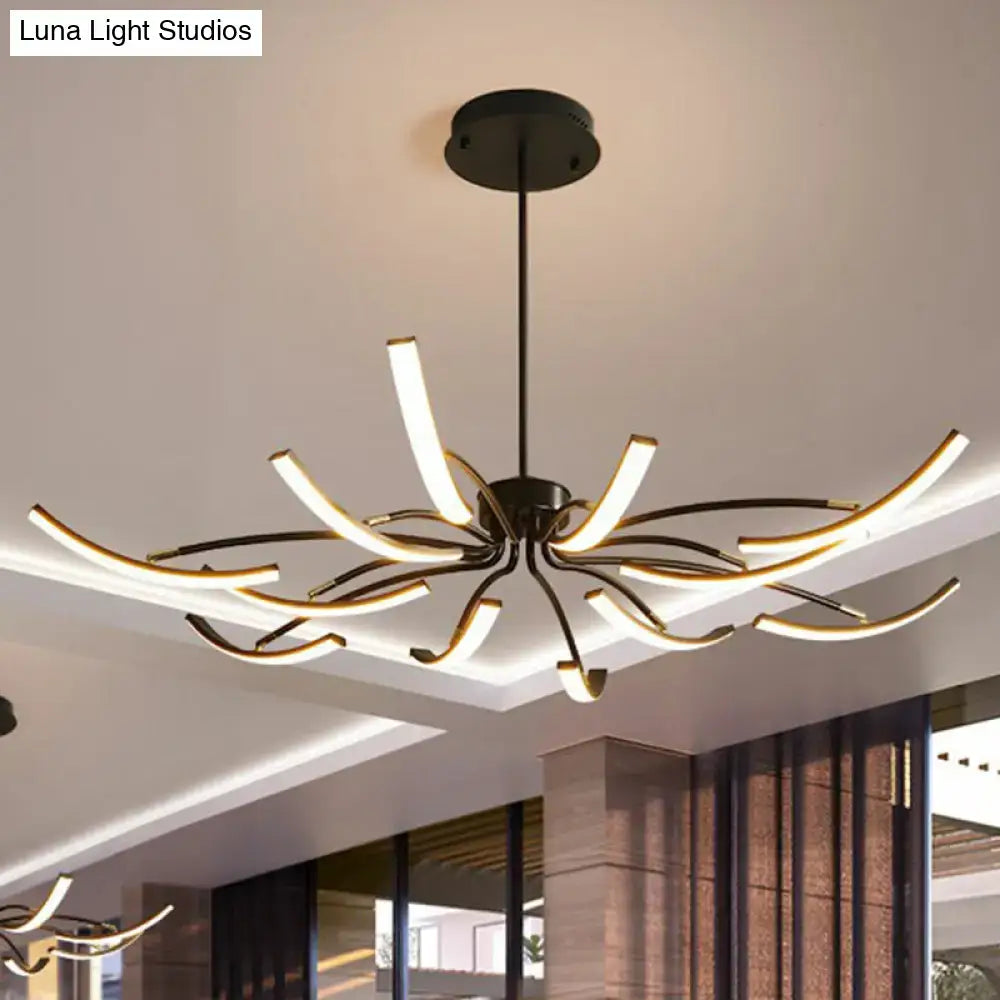 Modern black rotating stick led chandelier with curved illuminated arms emitting warm glow for dining room use