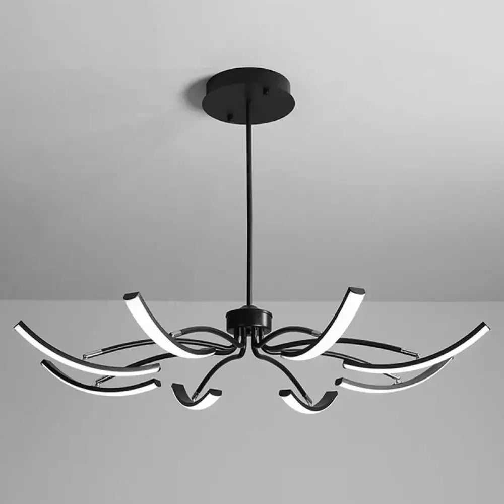 Modern black rotating stick led chandelier with sleek curved arms and glowing white light strips for dining room use