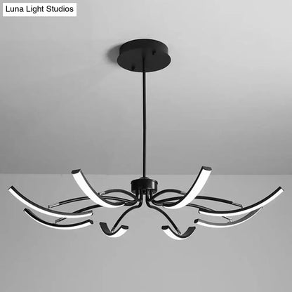Modern black rotating stick led chandelier with sleek curved arms emitting bright white glow for dining room