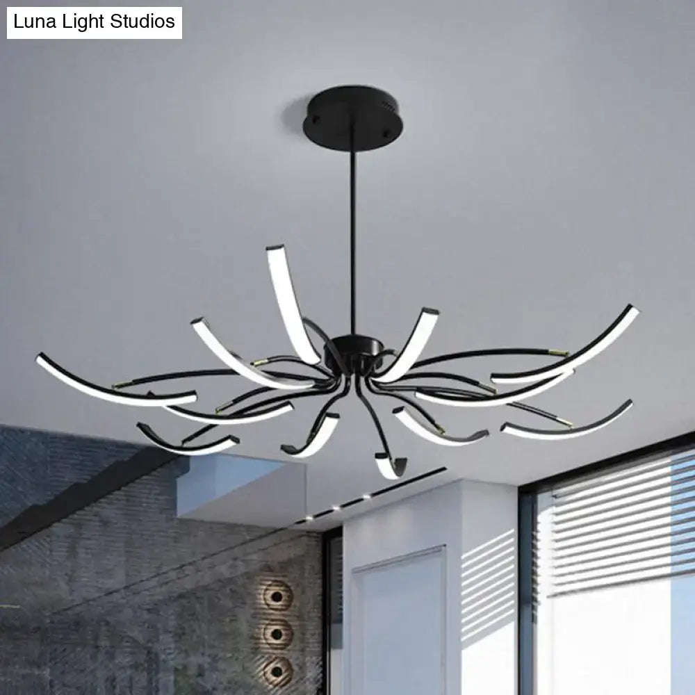 Modern black and white rotating stick led chandelier with sleek curved arms for dining room lighting