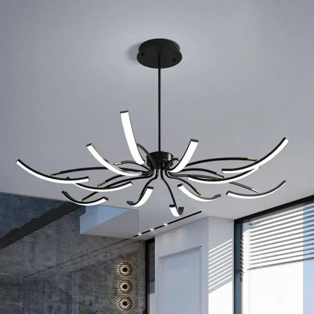 Modern black rotating stick led chandelier with sleek curved arms radiating from central hub for dining room use