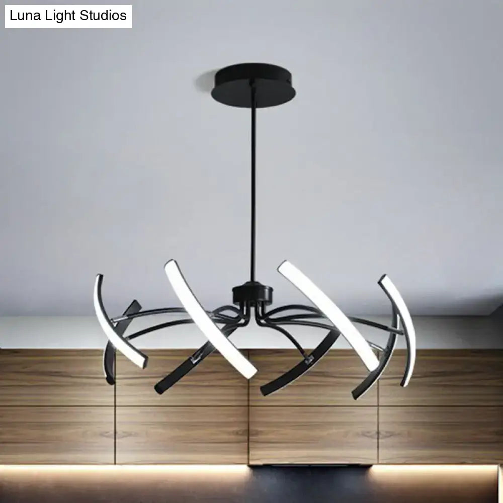 Modern black and white rotating stick led chandelier with sleek curved arms for dining room lighting