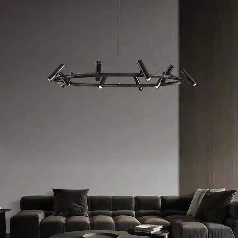 Modern black round ring chandelier with sleek metallic arms and cylindrical light fixtures for round ring ceiling decorbites black round