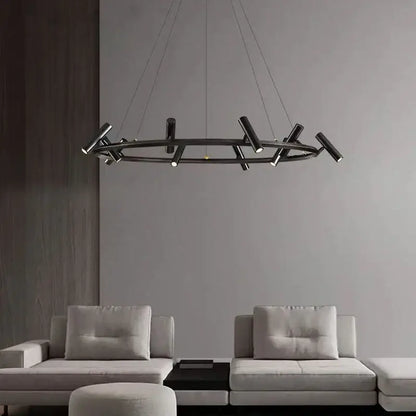 Modern black round ring chandelier with sleek cylindrical light fixtures for stylish round ring ceiling decorbites black round design