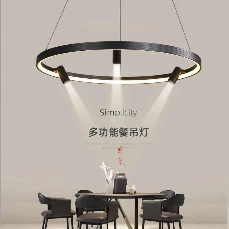 Modern black round spotlight pendant light with integrated led ring and adjustable spotlights for dining room decorbites black round