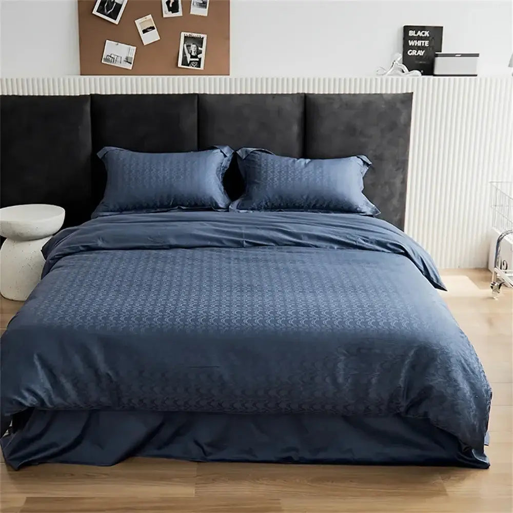 Navy blue modern black satin jacquard duvet cover set with subtle geometric embroidery and bed skirt design