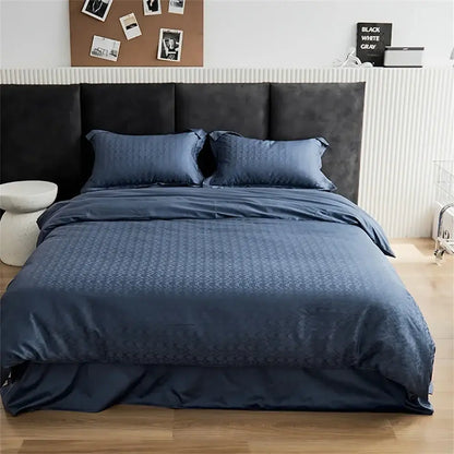 Navy blue modern black satin jacquard duvet cover set with subtle geometric embroidery and bed skirt design