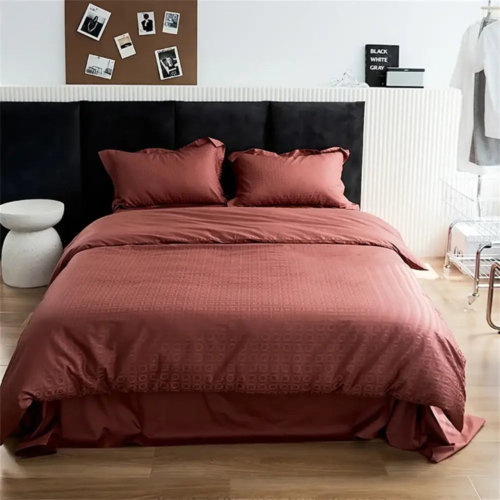 Rust-colored satin duvet cover set with subtle geometric pattern modern black satin jacquard cover set for bedroom