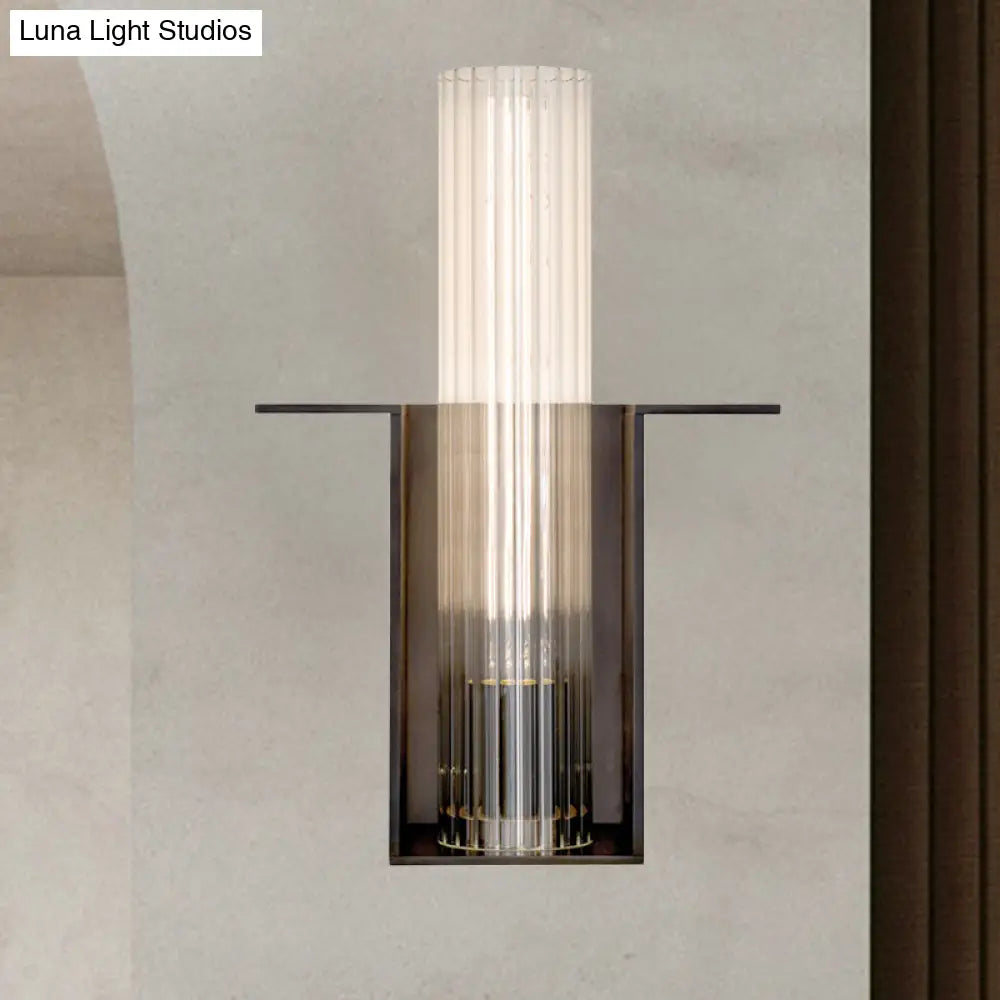 DecorBites™ DecorBites™ Modern Black Sconce Light with Ribbed Glass Shade for Living Room Wall