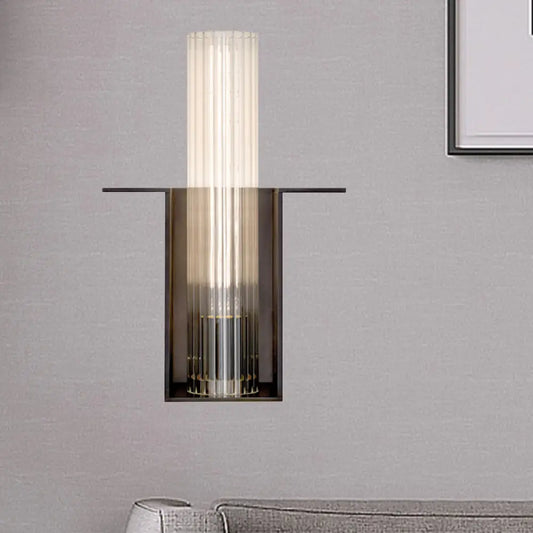 DecorBites™ DecorBites™ Modern Black Sconce Light with Ribbed Glass Shade for Living Room Wall