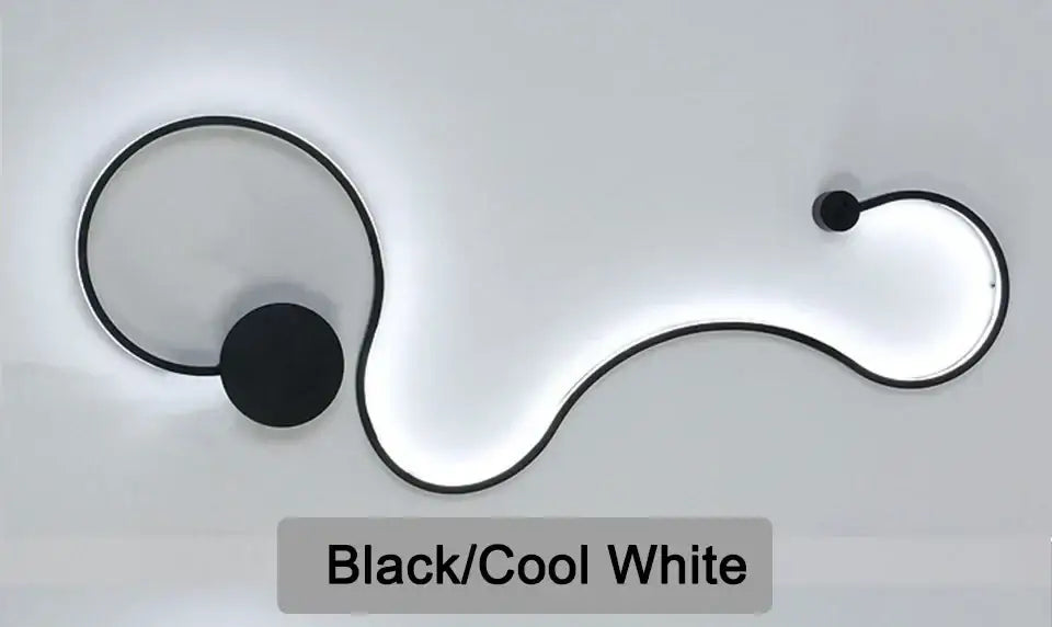 Modern black serpentine led wall lamp with sleek curved design in black and cool white for living room lighting