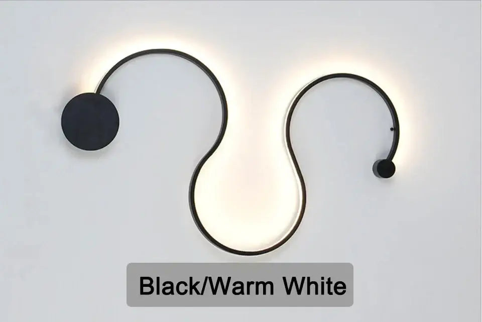 Modern black serpentine led wall lamp with sleek curved design emitting warm white light for living room led wall lamp