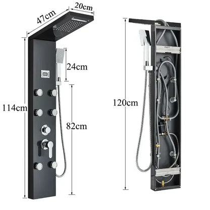 Modern black shower panel with a large rectangular rainhead chrome fixtures and multiple control knobs decorbites black shower panel