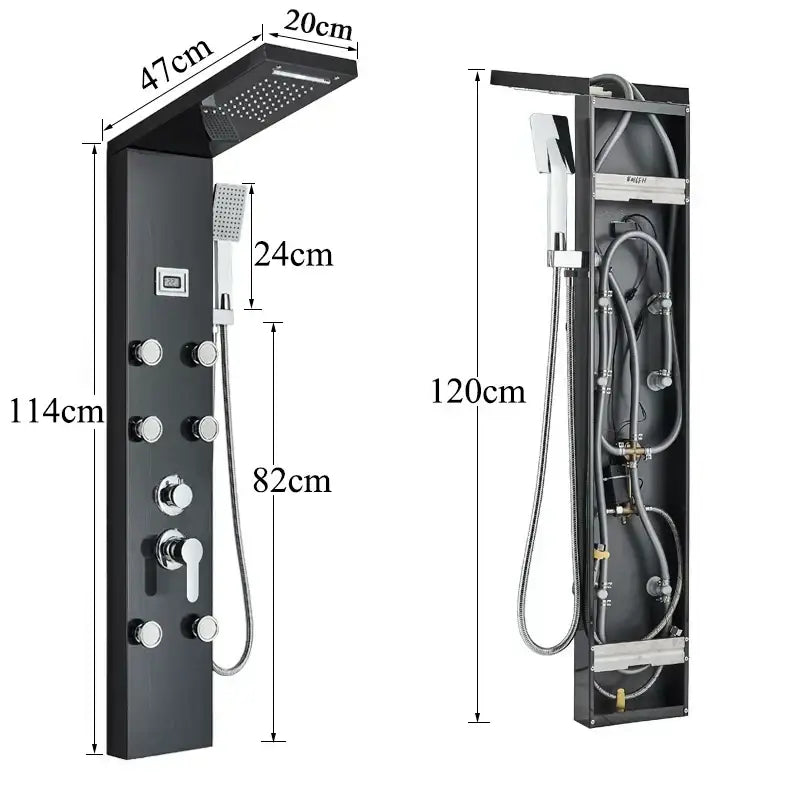 Modern black shower panel with a large rectangular rainhead chrome fixtures and multiple control knobs decorbites black shower panel