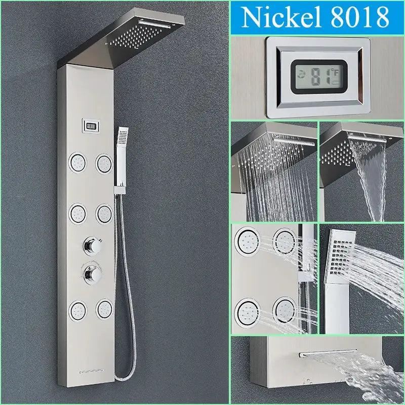 Modern black shower panel with Nickel 8018 finish featuring multiple spray heads and digital temperature display decorbites black shower panel