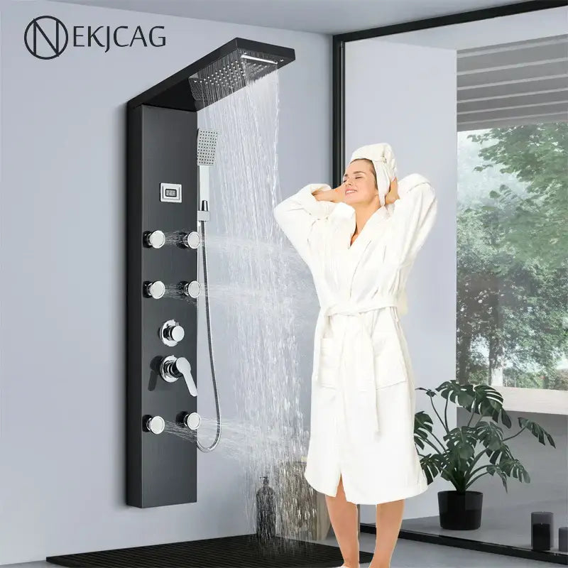 Modern black shower panel rainfall waterfall system with multiple spray heads and chrome controls decorbites black shower