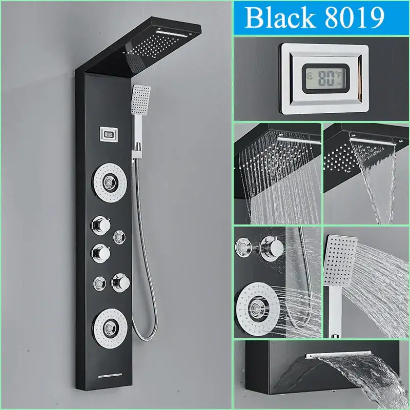 Modern black shower panel with sleek chrome accents and multiple spray settings for rainfall waterfall system