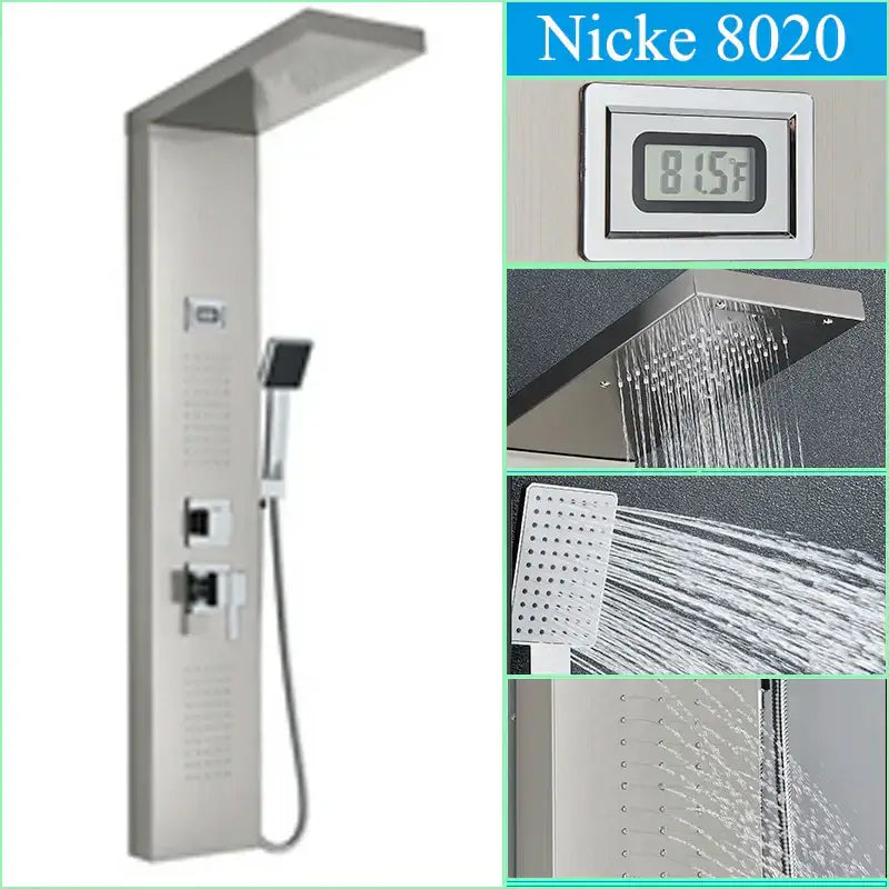 Modern black shower panel with 8020 stainless steel rainfall system digital temperature display and multiple spray heads