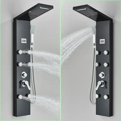 Modern black shower panel with matte finish multiple spray heads and chrome fixtures for bathroom decorbites black shower system