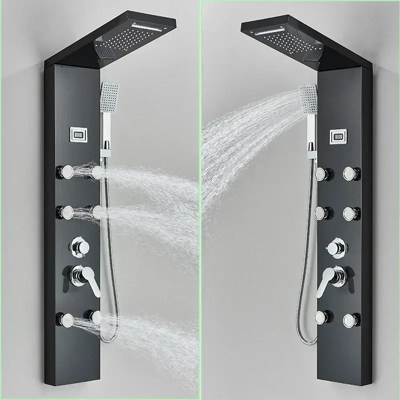 Modern black shower panel with matte finish multiple spray heads and chrome fixtures for bathroom decorbites black shower system
