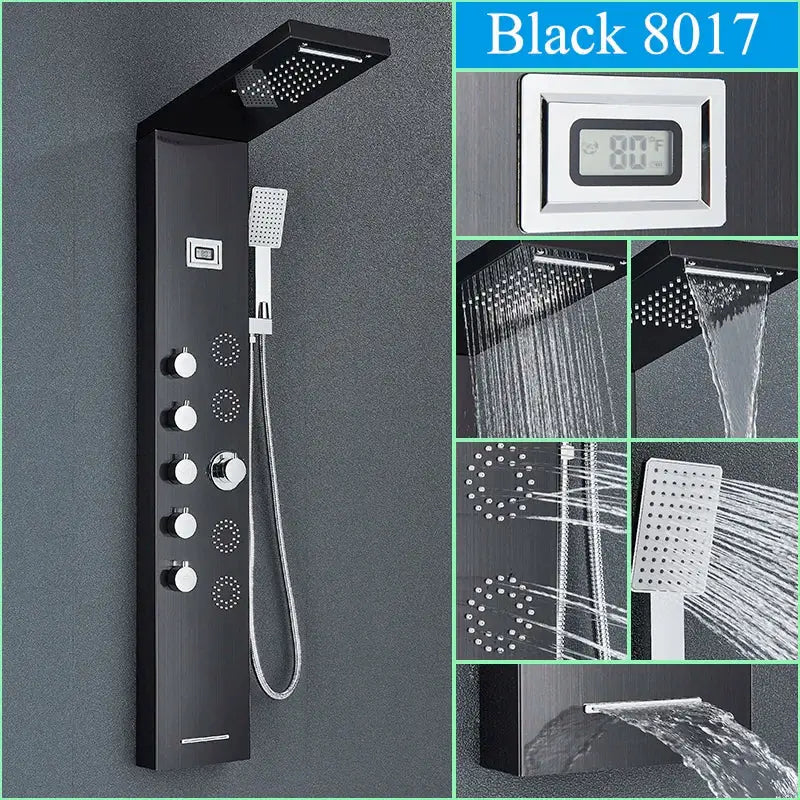 Modern black shower panel with sleek matte finish digital temperature display and multiple spray heads decorbites black shower