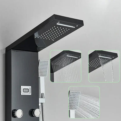 Modern black shower panel with rainfall waterfall system featuring black matte finish and integrated mist spray settings