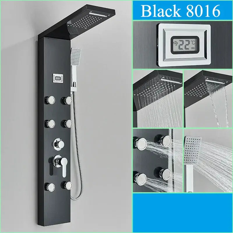 Modern black shower panel 8016 with multiple spray heads and chrome controls for decorbites black shower systems