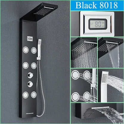 Modern black shower panel rainfall waterfall system with multiple spray heads and digital temperature display decorbites black shower