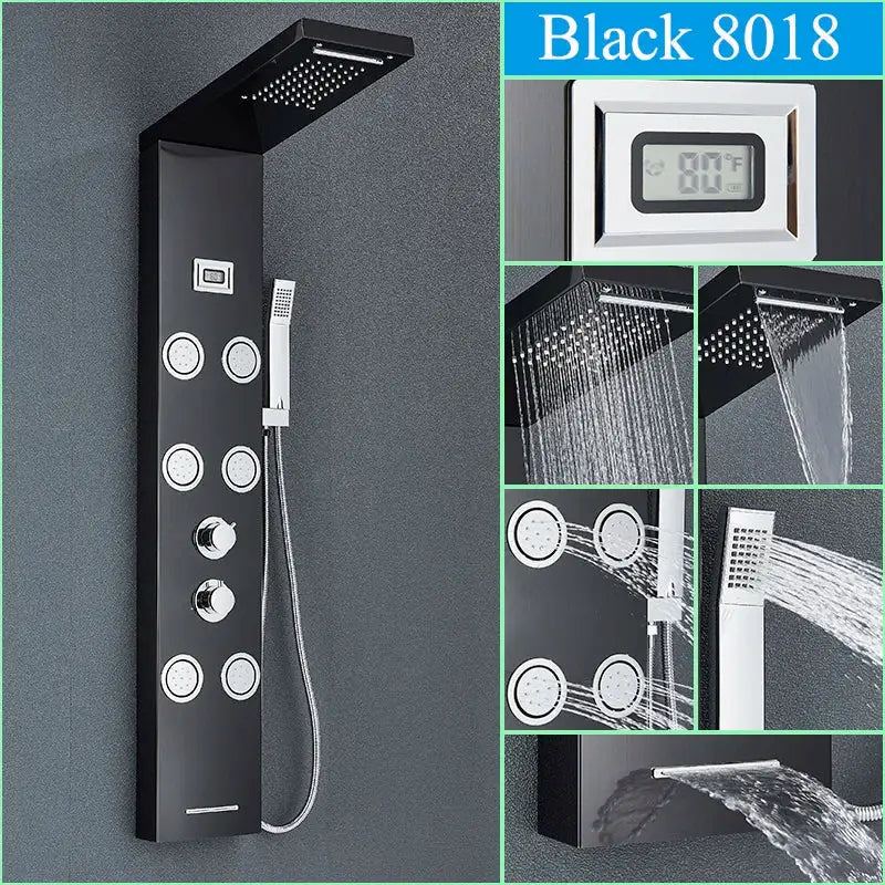 Modern black shower panel rainfall waterfall system with multiple spray heads and digital temperature display decorbites black shower
