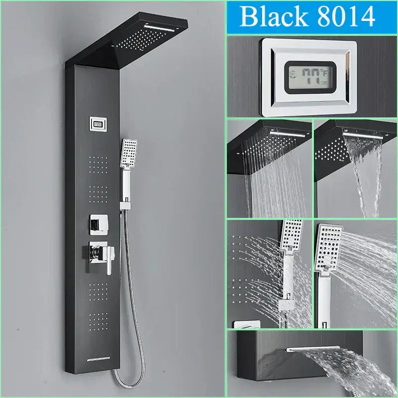 Modern black shower panel rainfall waterfall system with sleek matte black finish and chrome accents decorbites black shower