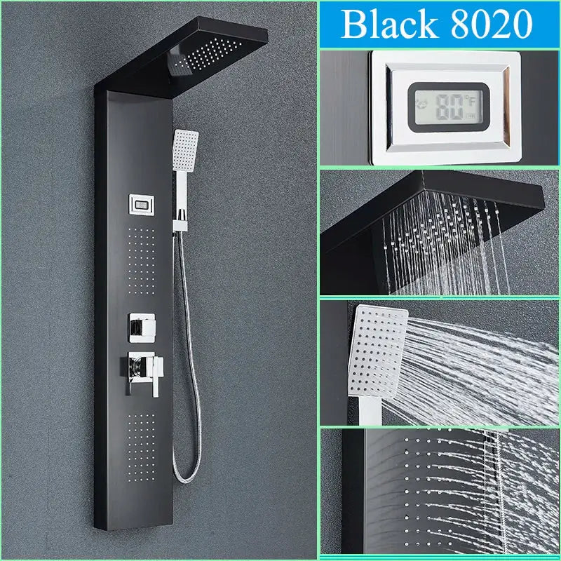 Modern black shower panel with rainfall waterfall system featuring matte black finish chrome accents and digital temperature display