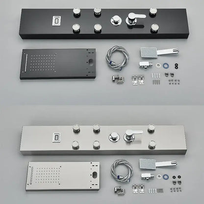 Modern black shower panel rainfall waterfall system with chrome finish, sleek black silver controls, and multiple spray heads