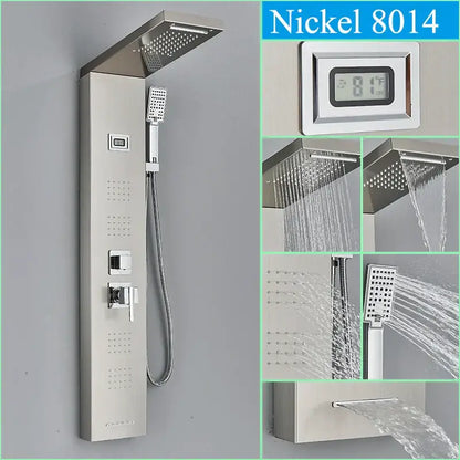 Modern black shower panel with nickel 8014 finish features multiple spray heads and digital temperature display for decorbites black shower