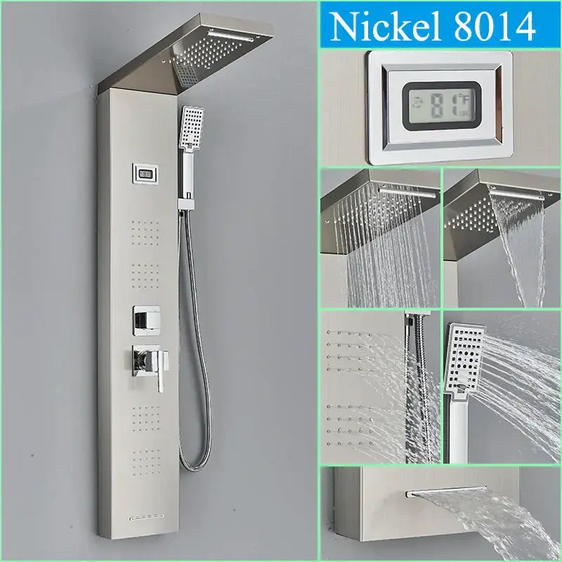 Modern black shower panel with nickel 8014 finish features multiple spray heads and digital temperature display for decorbites black shower