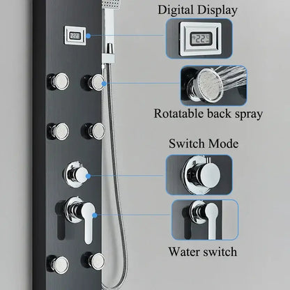 Modern black shower panel rainfall waterfall system with black matte finish chrome accents and digital display