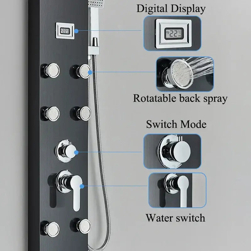 Modern black shower panel rainfall waterfall system with black matte finish chrome accents and digital display