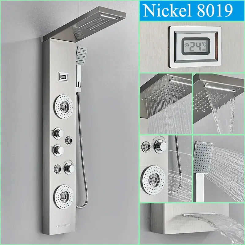 Nickel 8019 modern black shower panel with multiple spray heads and control knobs for rainfall waterfall system bathroom faucet
